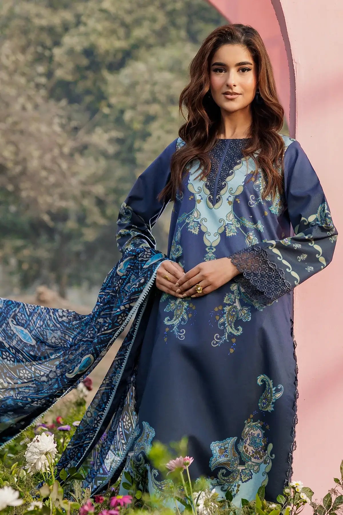 Gulfraz CRB6-03 embroidered lawn fabric with intricate floral patterns in vibrant colors, showcasing detailed needlework.
