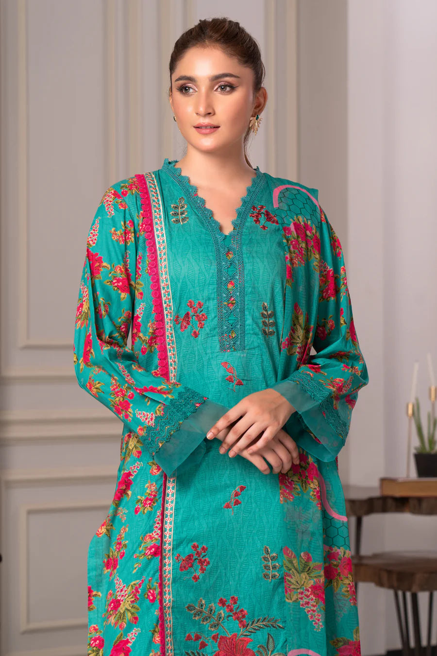 Gulfraz JH-976-RI embroidered lawn fabric with intricate floral embroidery on light fabric, detailed close-up view.