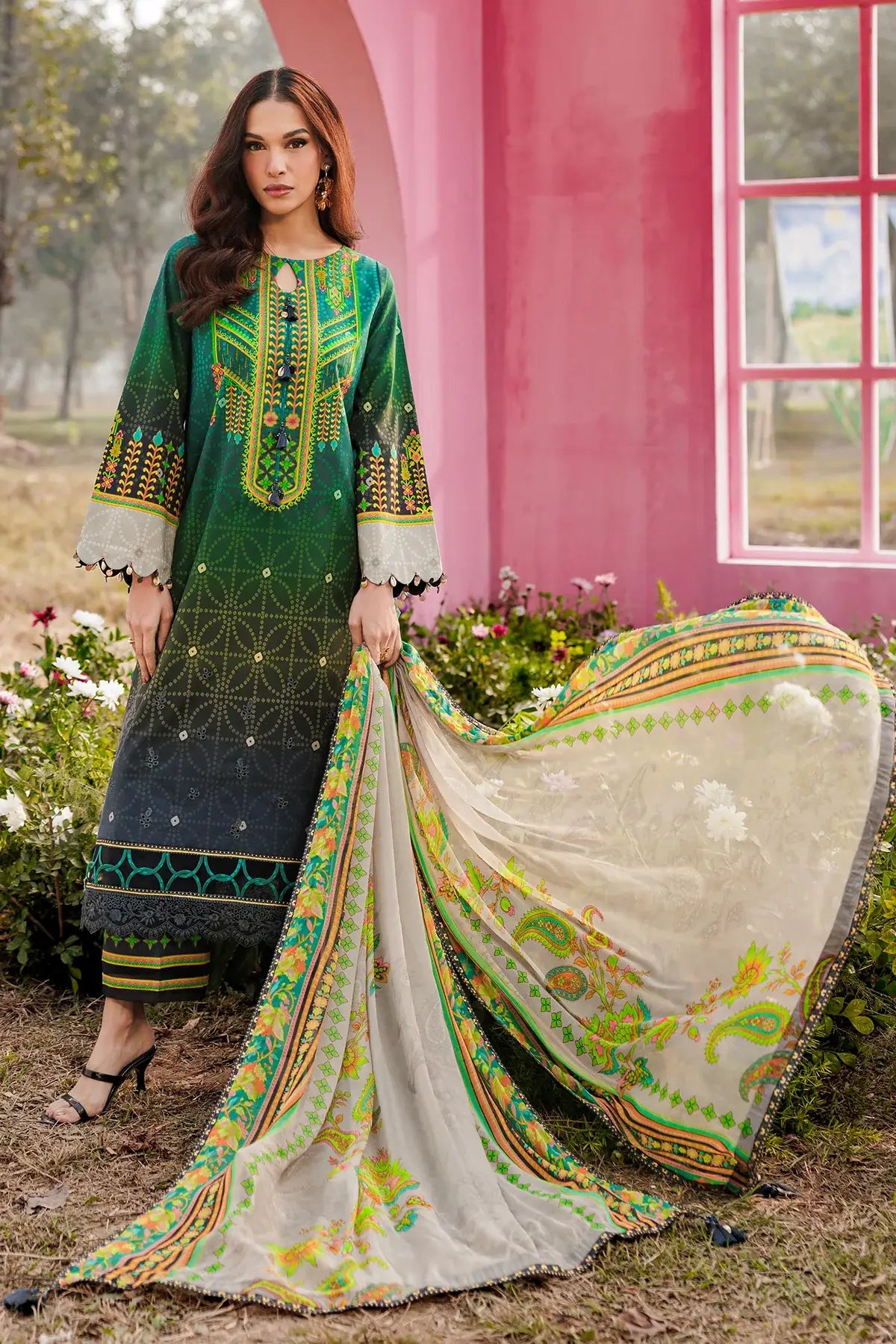 Embroidered Gulfraz lawn fabric CRB6-01 with intricate floral embroidery and vibrant colors, detailed close-up image.