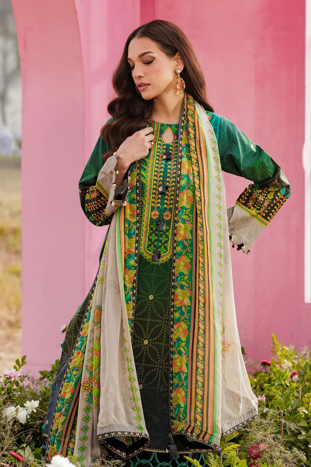 Gulfraz embroidered lawn fabric CRB6-01 with intricate floral embroidery in vibrant colors, close-up of detailed needlework.