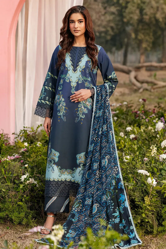 Elegant embroidered Gulfraz lawn fabric CRB6-03 with intricate floral embroidery in vibrant colors on soft cotton material.