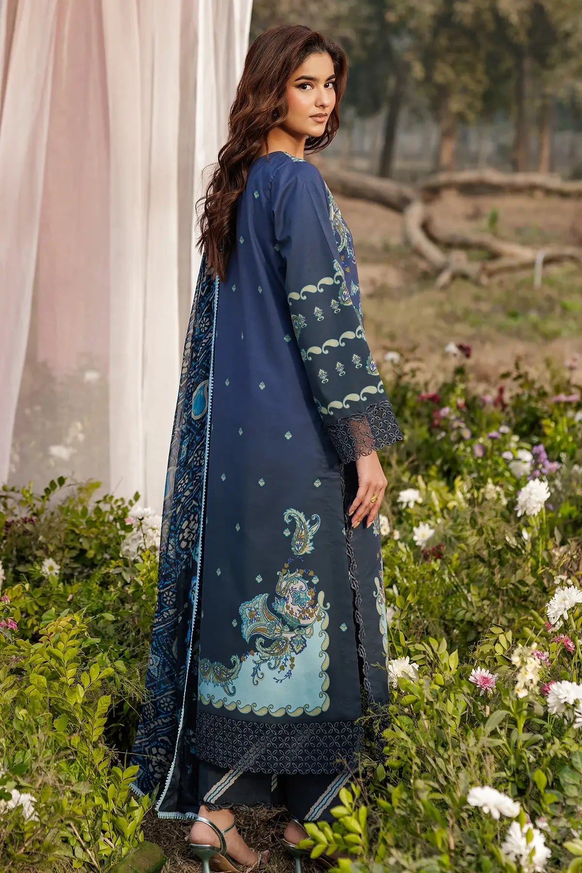 Embroidered Gulfraz lawn fabric CRB6-03 with detailed floral embroidery on light-colored textile.