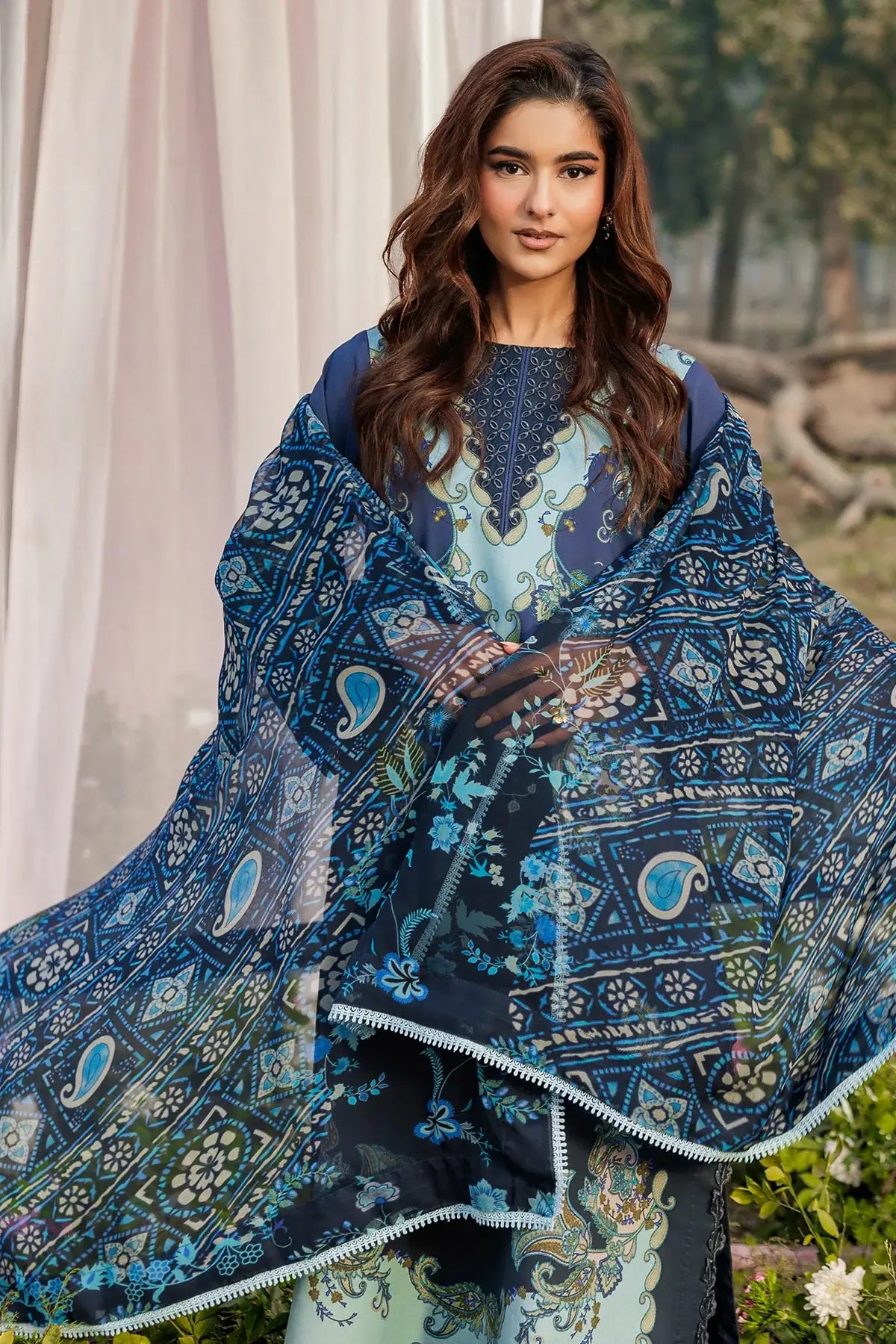 Embroidered Gulfraz lawn fabric CRB6-03 with intricate floral embroidery, showcasing detailed needlework and vibrant colors.