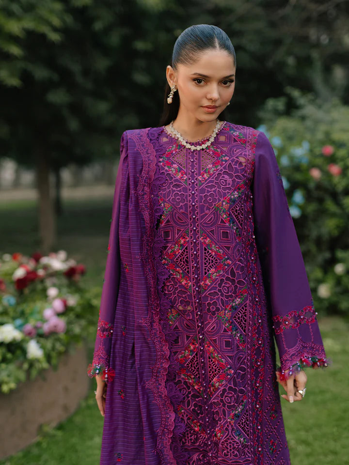 Luxurious Gulfraz lawn fabric in shade 105-B, showing a close-up of the vibrant, high-quality textile pattern.
