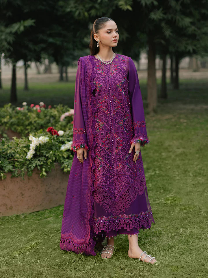 Luxury Gulfraz lawn fabric 105-B, close-up of patterned green textile showcasing intricate design details.