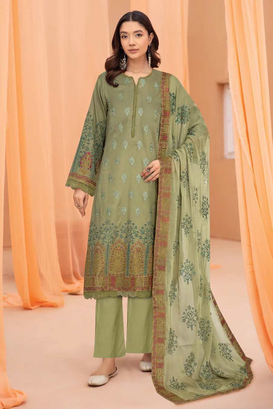 Gulfraz JH-676-FQ embroidered lawn fabric with intricate floral embroidery, showcasing vibrant colors and detailed craftsmanship.