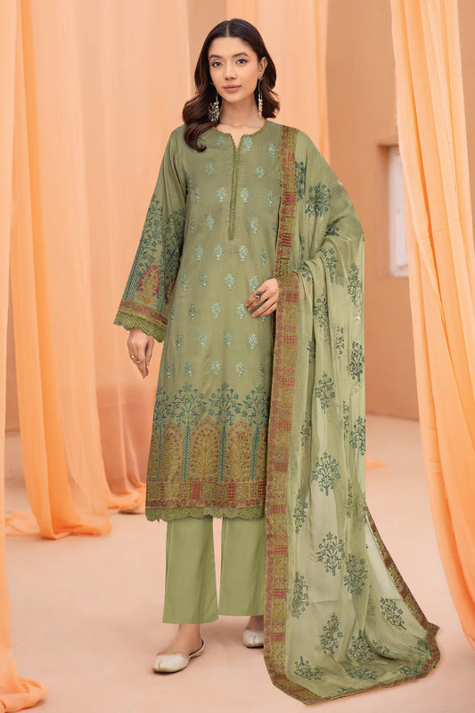 Gulfraz JH-676-FQ embroidered lawn fabric with intricate floral embroidery, showcasing vibrant colors and detailed craftsmanship.