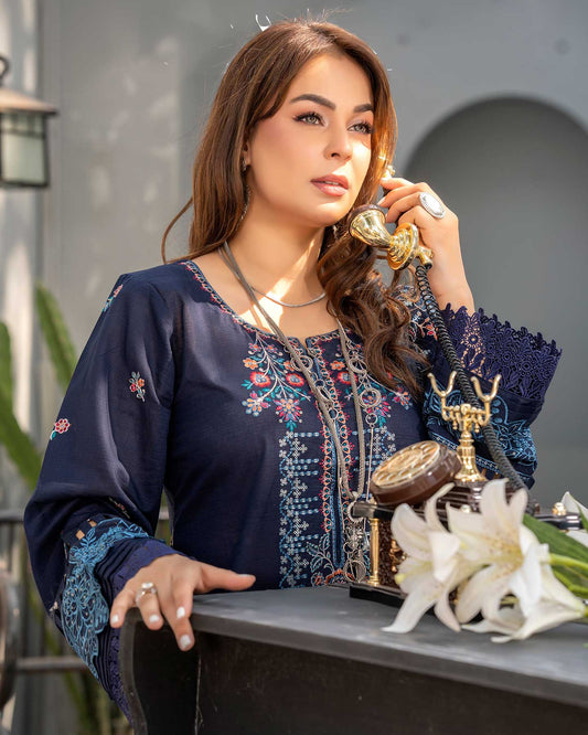 Embroidered Gulfraz lawn fabric in 26 D 01 with intricate floral embroidery and vibrant colors, detailed close-up view.