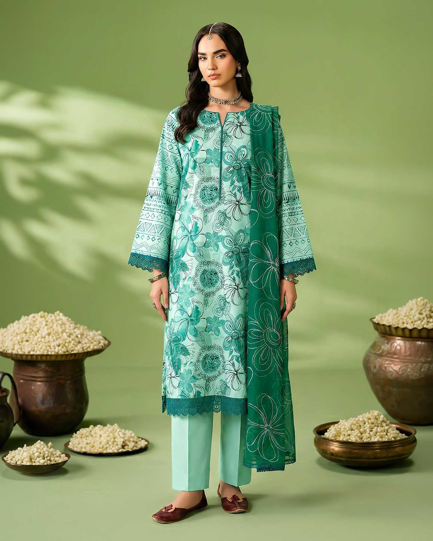 Beautiful Gulfraz embroidered lawn D 02 fabric with intricate floral embroidery, showcasing vibrant colors and detailed craftsmanship.