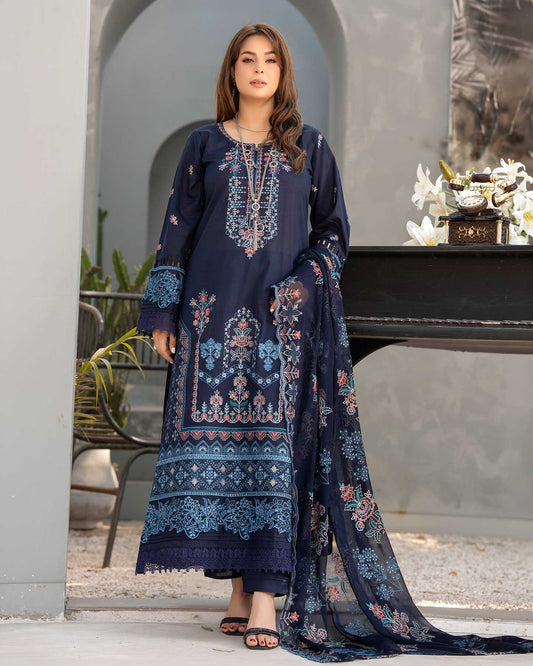 Embroidered Gulfraz lawn fabric in 26 D 01 with intricate floral embroidery, showcasing detailed craftsmanship and vibrant design.