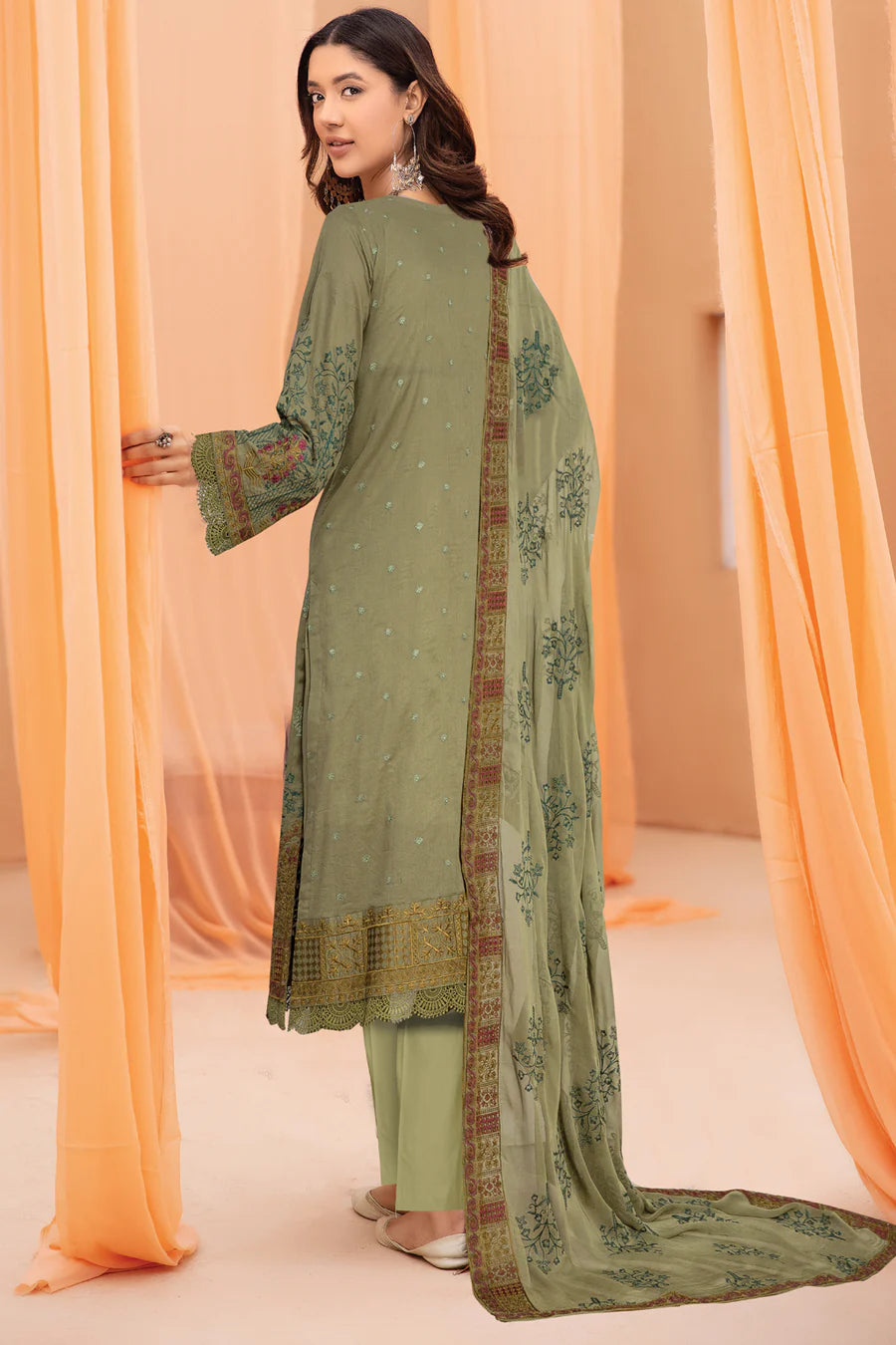 Embroidered Gulfraz lawn fabric JH-676-FQ with intricate floral embroidery in vibrant colors, showcasing detailed craftsmanship.