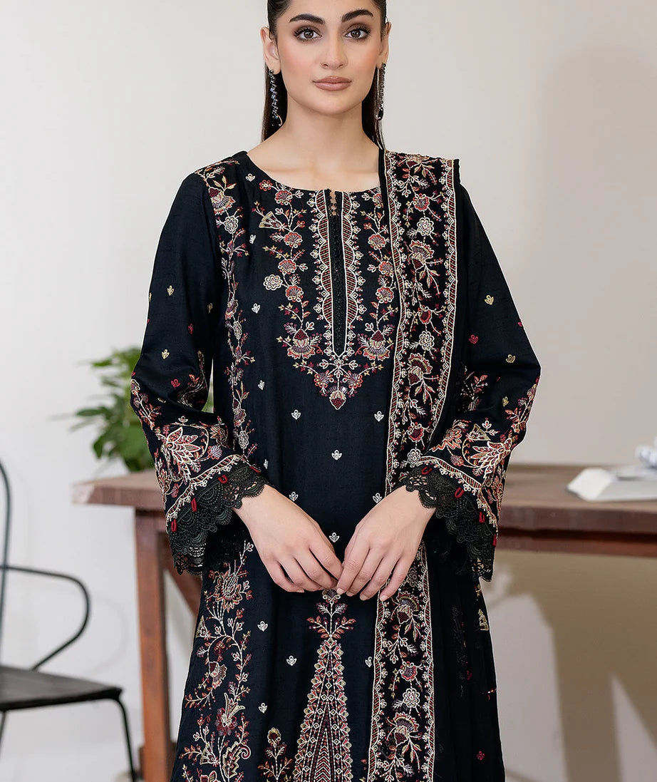 Luxurious Sameeha Emb Silk by Gulfraz, showcasing intricate embroidery in vibrant colors on smooth silk fabric.