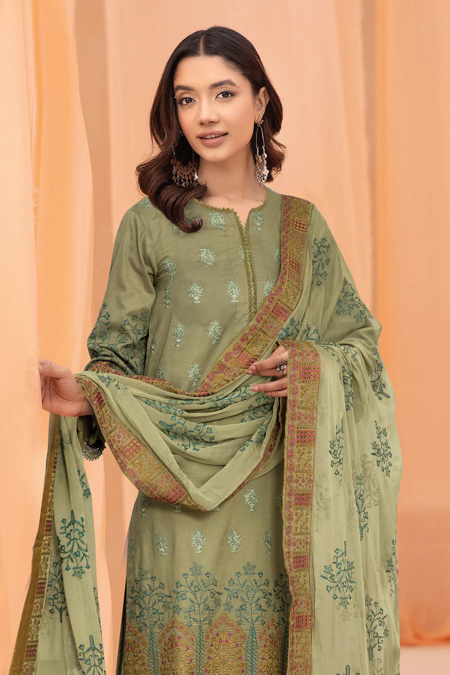 Gulfraz JH-676-FQ embroidered lawn fabric with intricate floral embroidery on soft, lightweight lawn material.