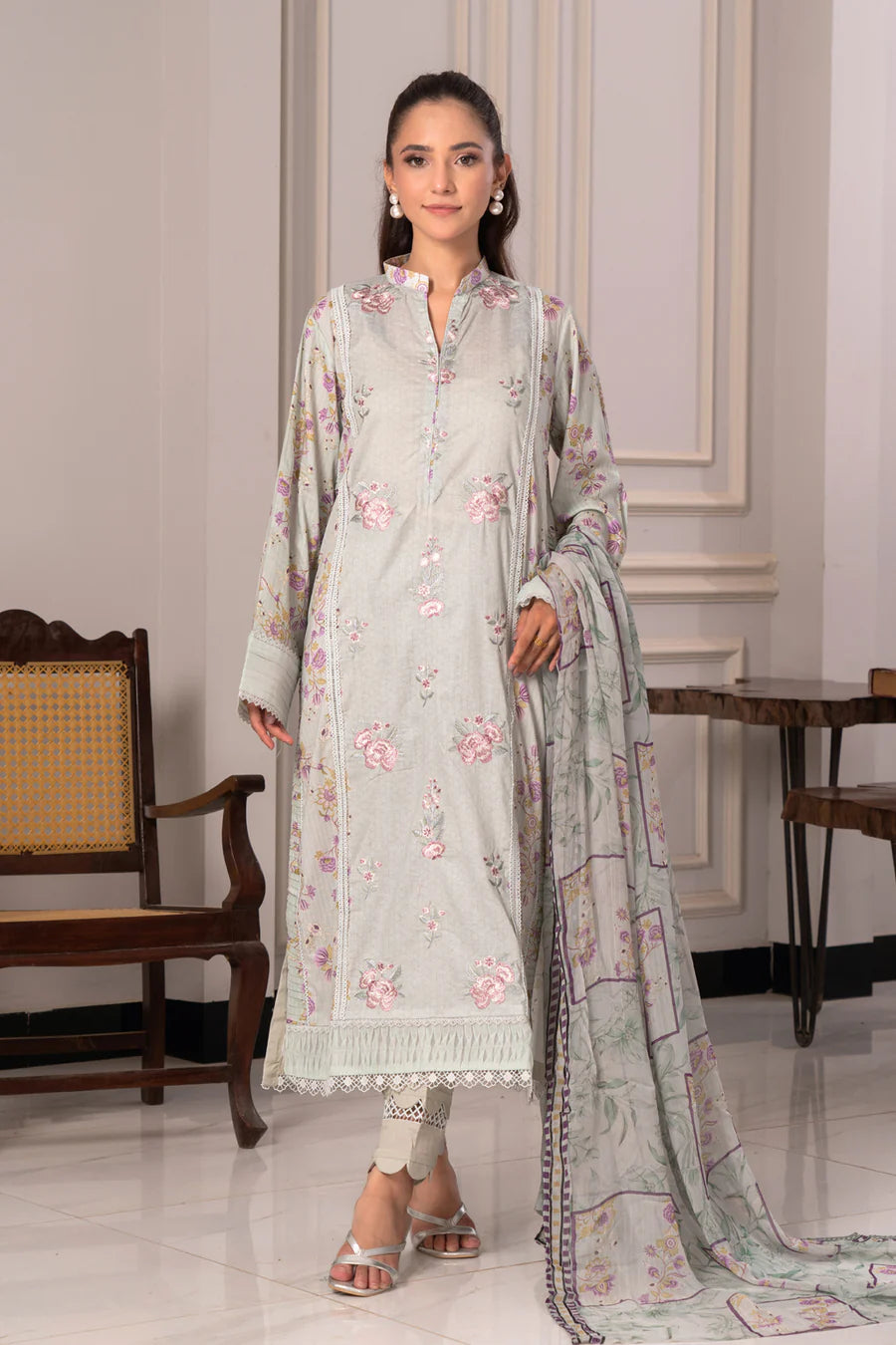 Gulfraz JH-973-RI ChikanKari lawn fabric with intricate embroidery, showcasing elegant traditional design and detailed craftsmanship.