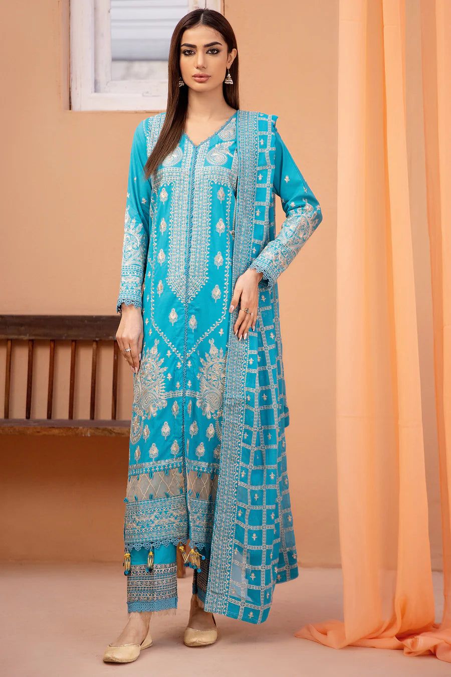 Gulfraz JH-671-FQ embroidered lawn fabric showcasing intricate colorful embroidery on soft lawn material