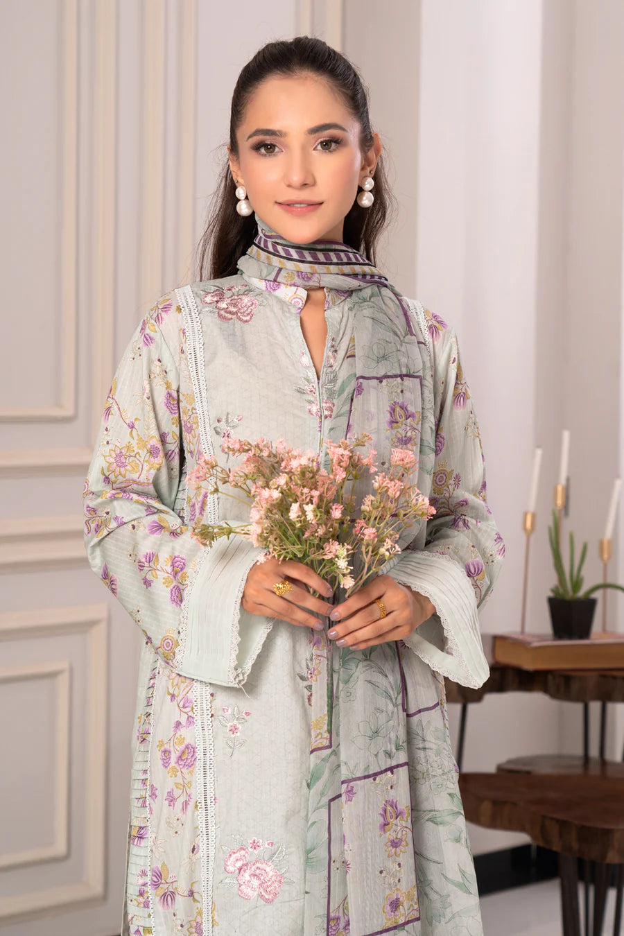 Gulfraz JH-973-RI ChikanKari lawn fabric with intricate embroidery, showcasing detailed traditional craftsmanship in vibrant colors.