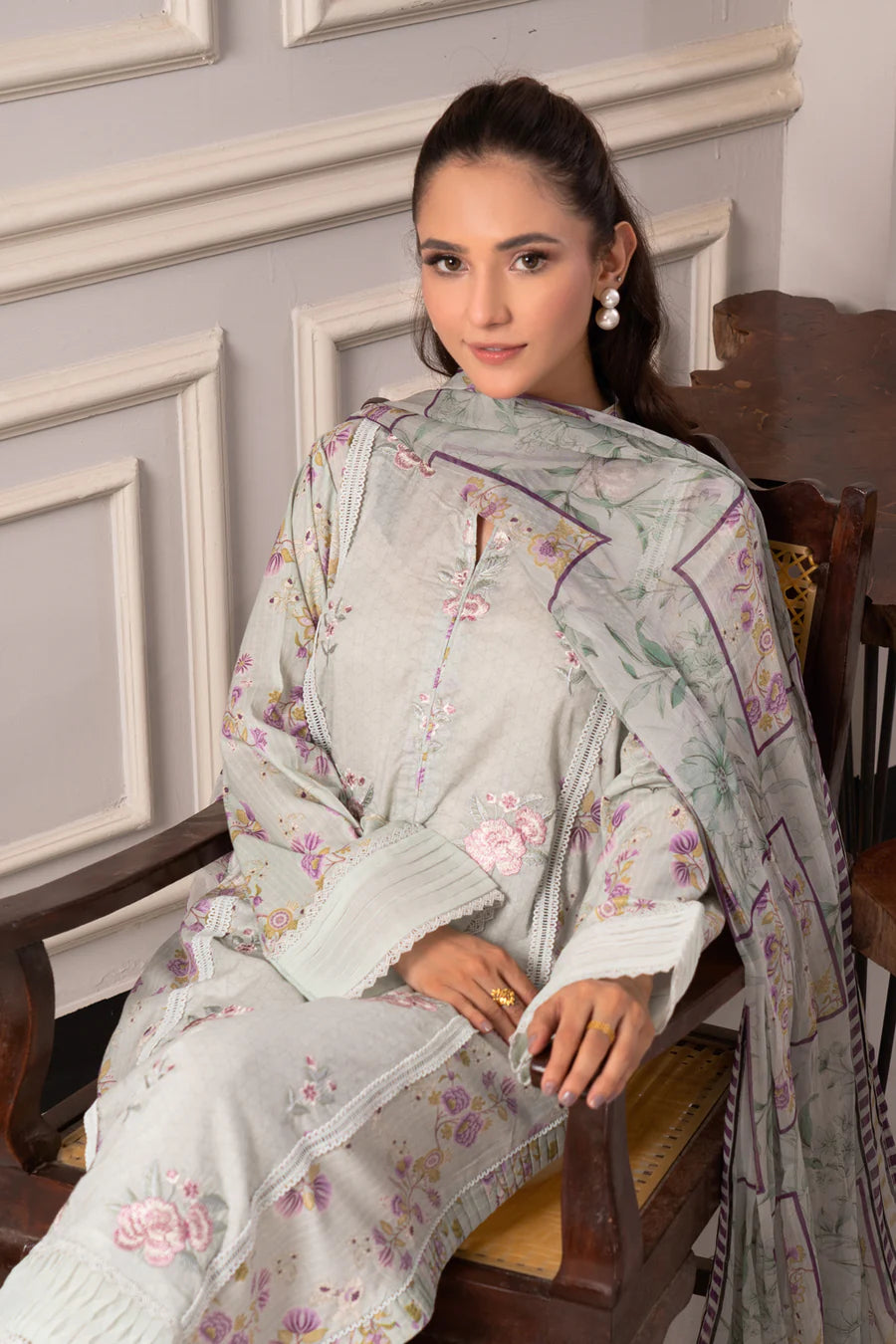 Gulfraz JH-973-RI ChikanKari lawn fabric with intricate embroidery and vibrant design, detailed close-up of the traditional textile.