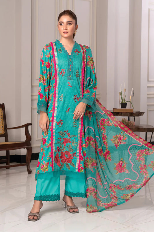 Gulfraz JH-976-RI embroidered lawn fabric with intricate floral embroidery in vibrant colors, close-up view of detailed design.