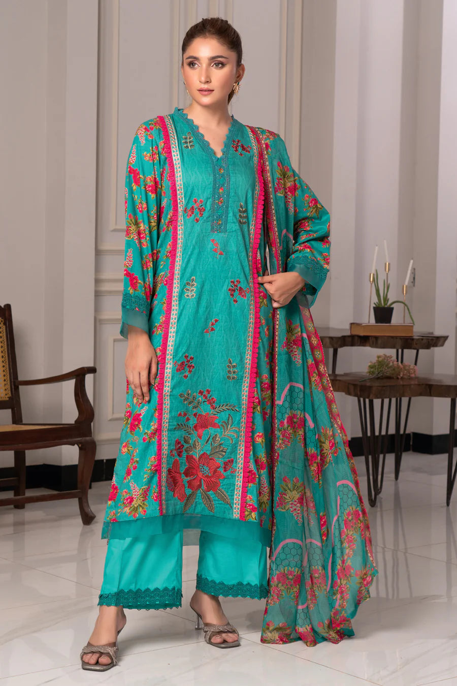 Gulfraz JH-976-RI embroidered lawn fabric with intricate floral embroidery, showcasing colorful detailed patterns on soft fabric.