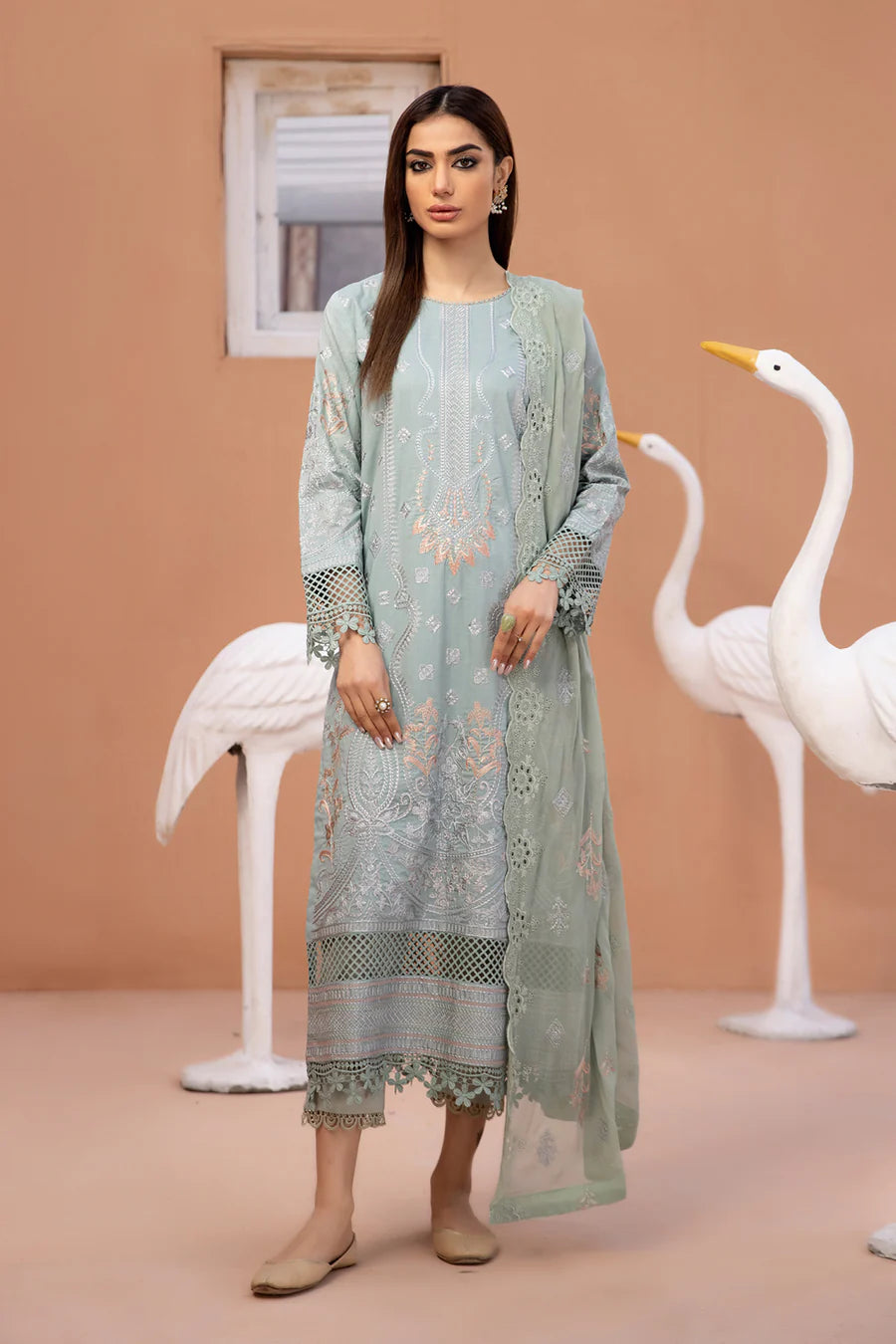 Gulfraz JH-675-FQ embroidered lawn fabric with intricate floral embroidery on soft, lightweight lawn material