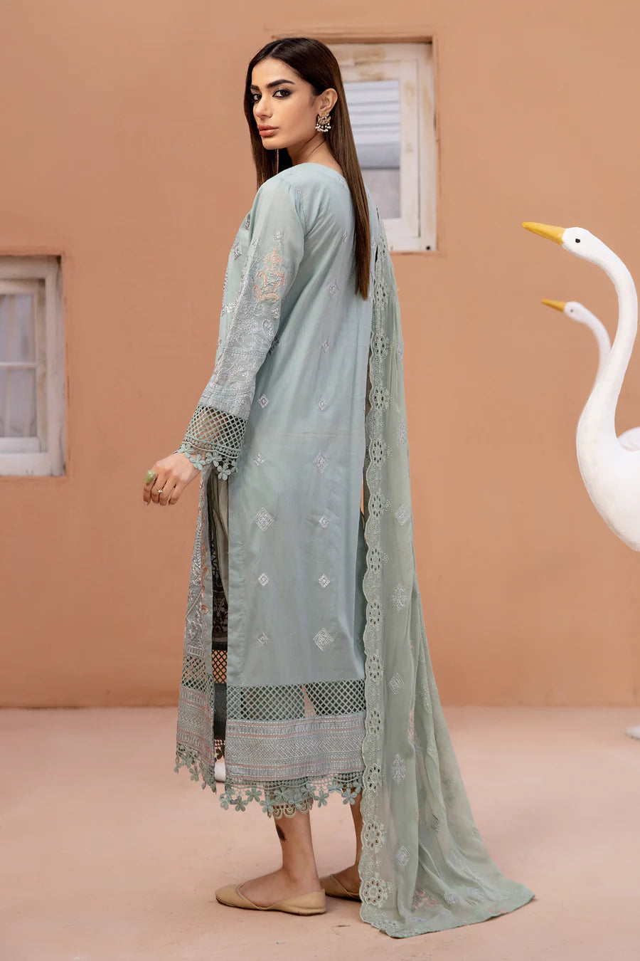 Gulfraz JH-675-FQ embroidered lawn fabric with intricate floral embroidery on light, breathable material, close-up view of design details.