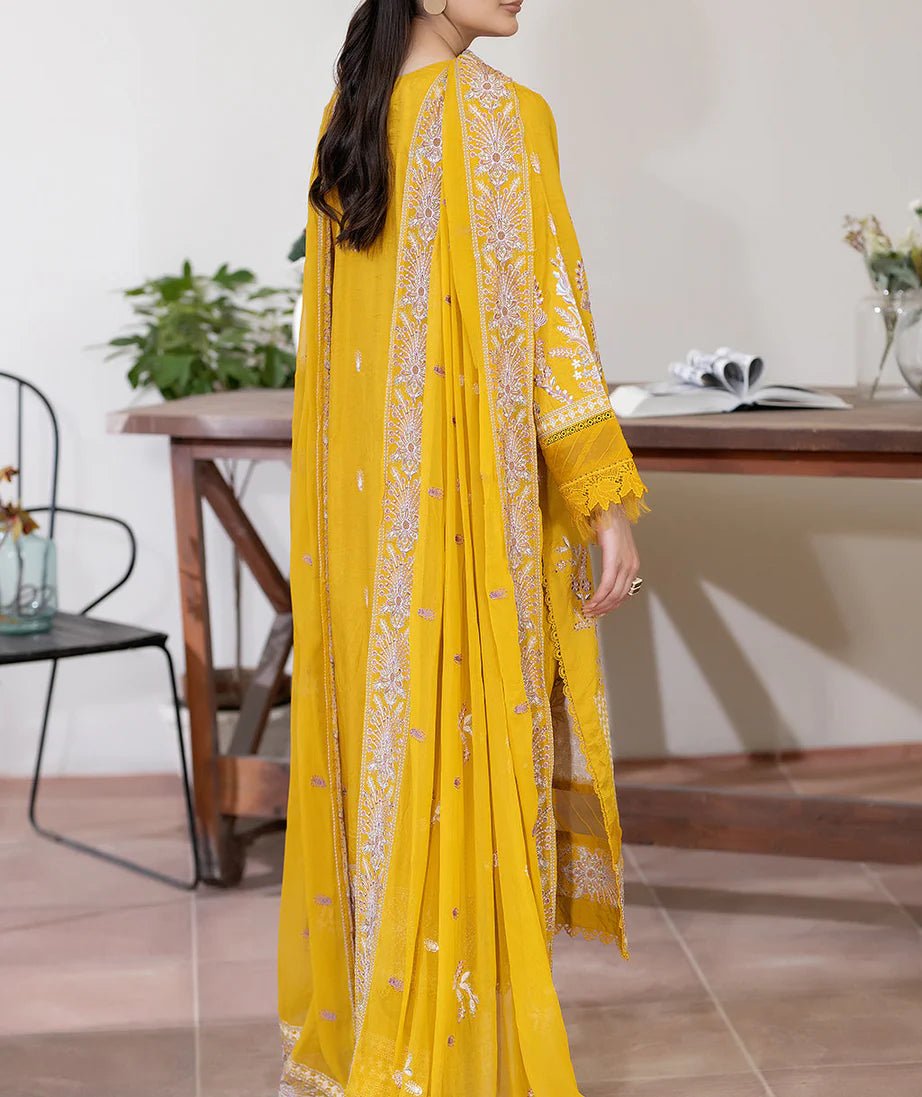 Elegant Sameeha Emb Silk shawl by Gulfraz with intricate embroidery and vibrant colors, showcasing luxurious fabric and craftsmanship.
