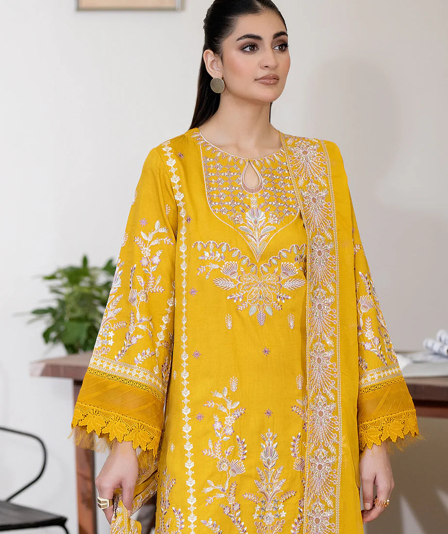 Elegant Sameeha Emb Silk by Gulfraz with intricate embroidery, displayed in a close-up shot highlighting the fabric's detailed design.