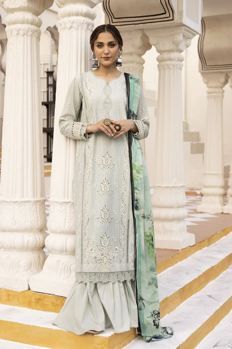 Gulfraz JH-698-SF ChikanKari lawn fabric with intricate embroidery and floral pattern in vibrant colors.
