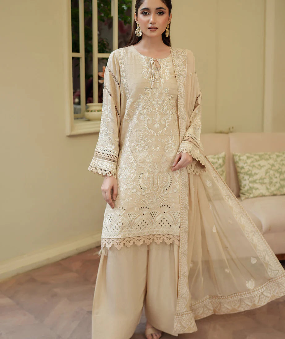 Gulfraz JW#97 embroidered viscose fabric with intricate design, showcasing detailed embroidery and soft, lightweight texture.