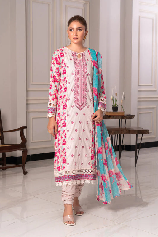 Elegant Gulfraz embroidered lawn fabric in soft pastel shades, showcasing intricate embroidery details on smooth, lightweight material.