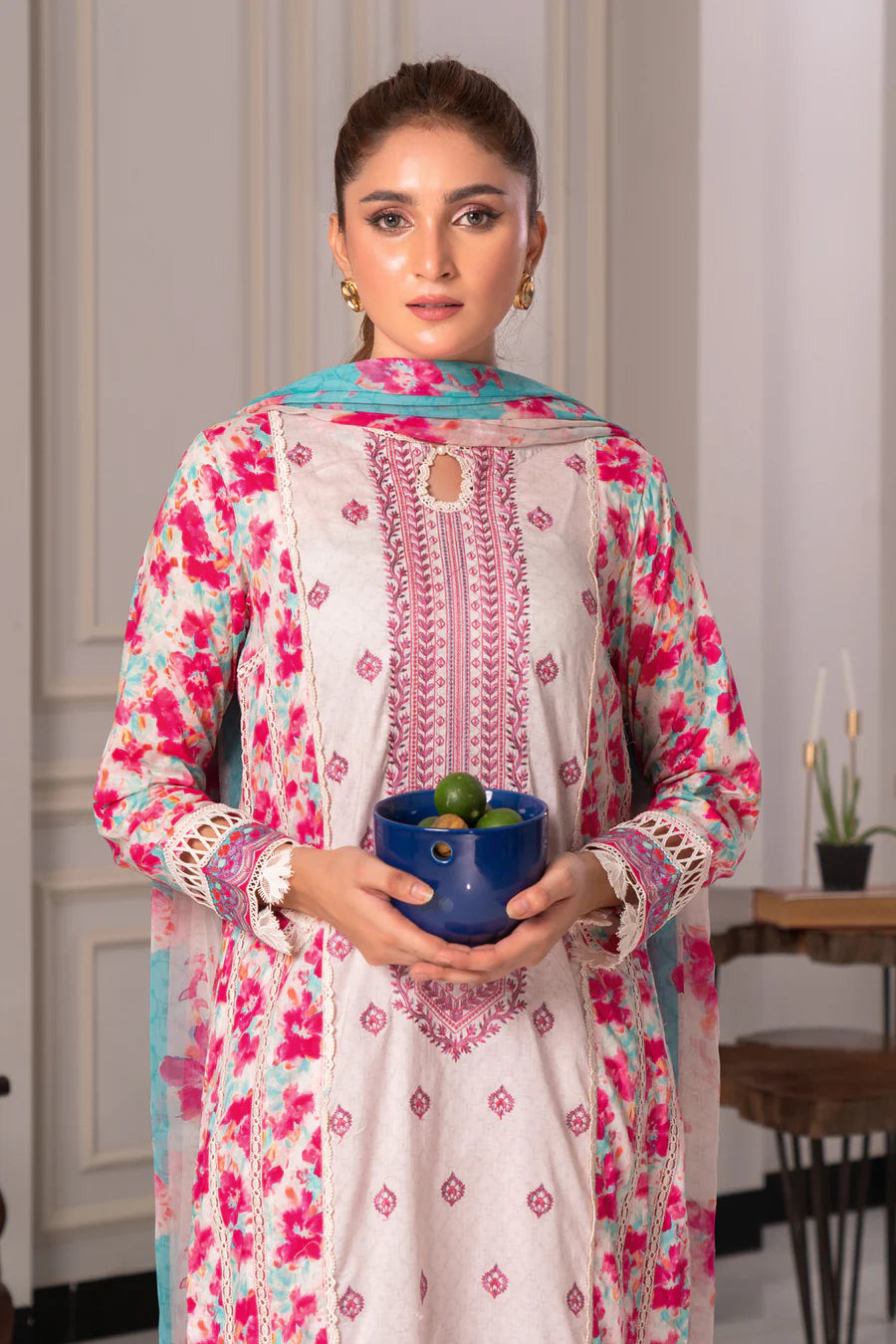 Elegant Gulfraz embroidered lawn fabric JH-977-RI with intricate embroidery details, showcased in a close-up image.