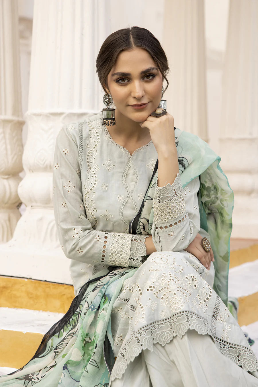 Gulfraz JH-698-SF ChikanKari lawn fabric with intricate embroidery, featuring traditional design and delicate craftsmanship.