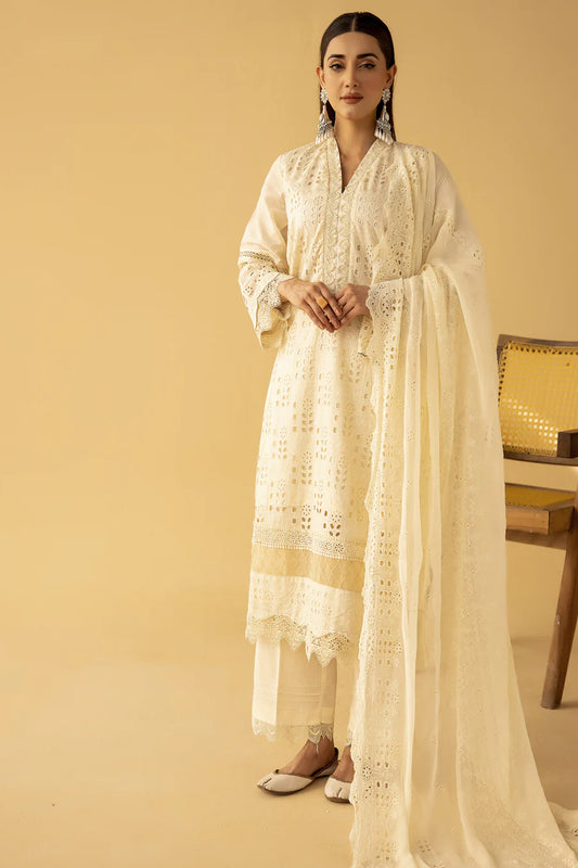 Embossed Gulfraz AR-397 embroidered lawn fabric with intricate floral patterns on light-colored textile.