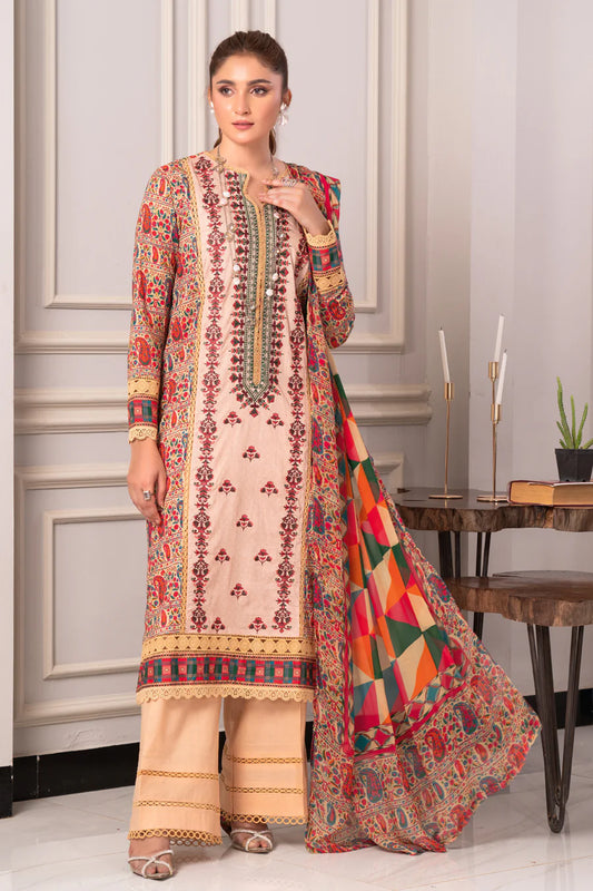 Gulfraz JH-972-RI embroidered lawn fabric with detailed floral embroidery in vibrant colors, showcasing elegant traditional design.