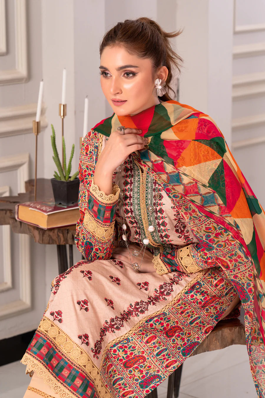 Gulfraz JH-972-RI embroidered lawn fabric with intricate floral embroidery and colorful patterns on light fabric background.