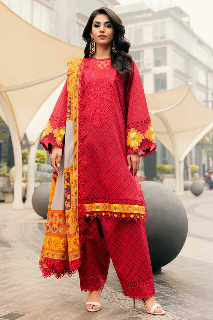 Embroidered Gulfraz lawn fabric in vibrant colors with intricate embroidery design, close-up view of the detailed textile pattern.