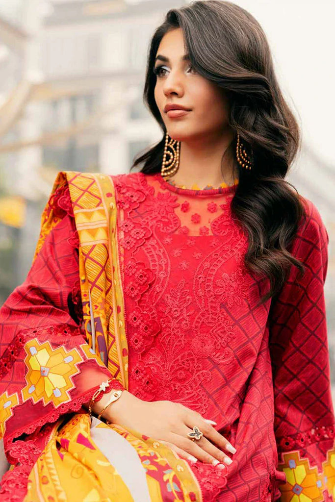 Gulfraz CIN5-02 embroidered lawn fabric with intricate floral embroidery in vibrant colors, showcasing detailed textile design.