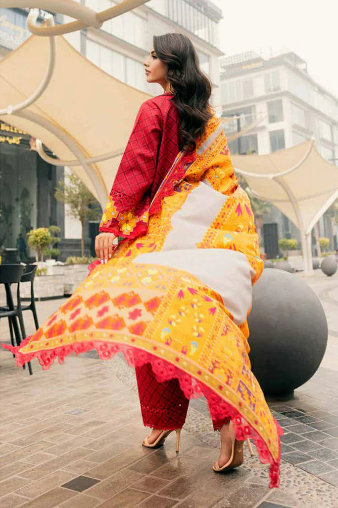 Gulfraz CIN5-02 embroidered lawn fabric with intricate floral embroidery in vibrant colors, close-up of detailed textile design