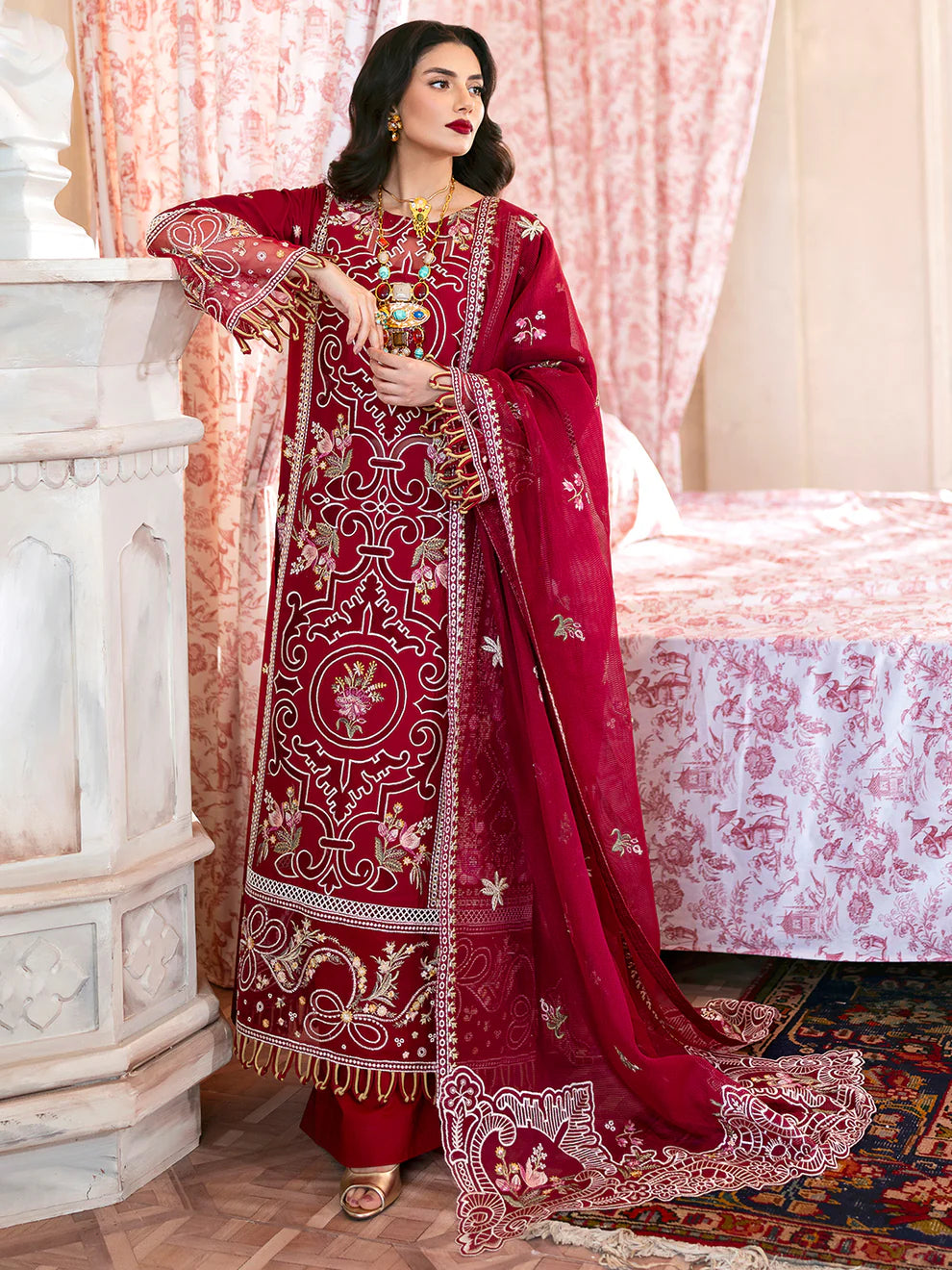Luxury Gulfraz Ginny lawn fabric in vibrant floral design, close-up view of colorful, high-quality textile pattern.