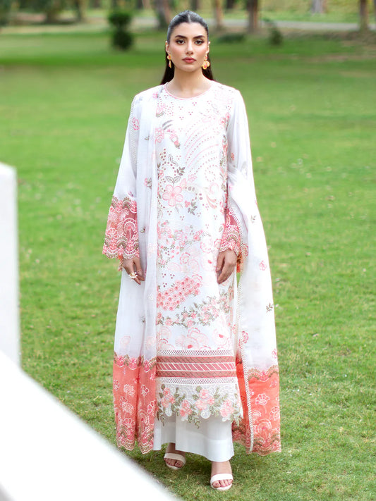 Luxurious Gulfraz Lyra lawn fabric displayed in the image with intricate patterns and vibrant colors.